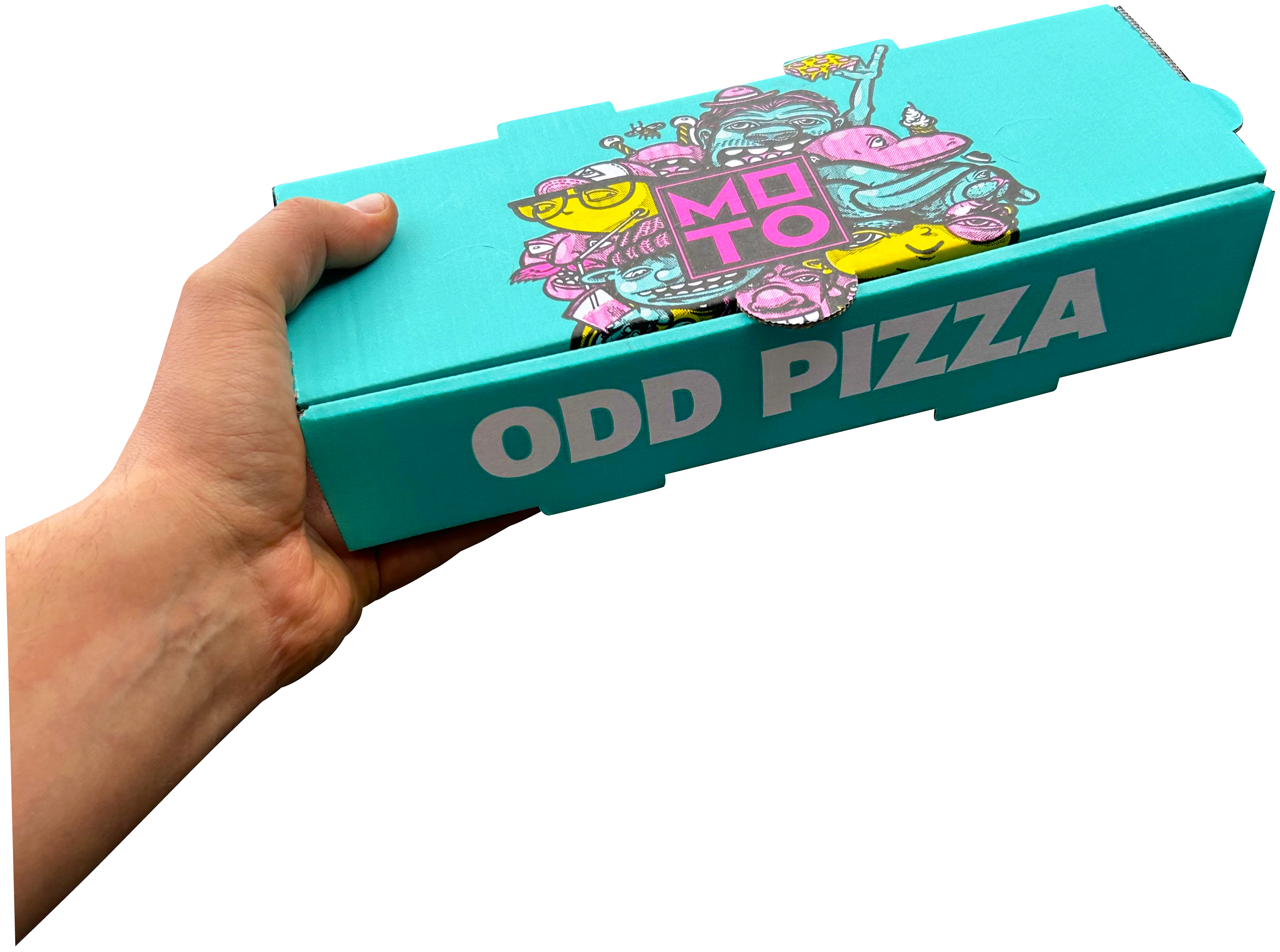 Hand Holding a Blue Pizza Box